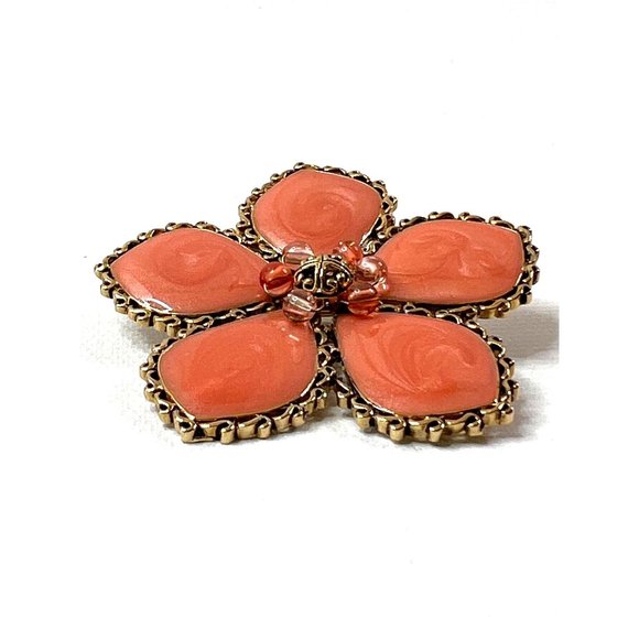 Large Vintage Flower Brooch Pearlized Coral Swirl Gold Tone Frame 2 3/16" - Picture 8 of 10